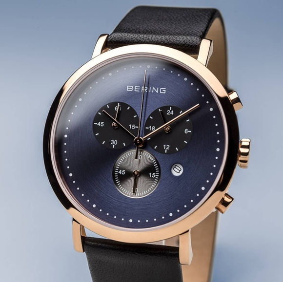 Bering blue and polished gold black leather watch - Picture 2 of 10